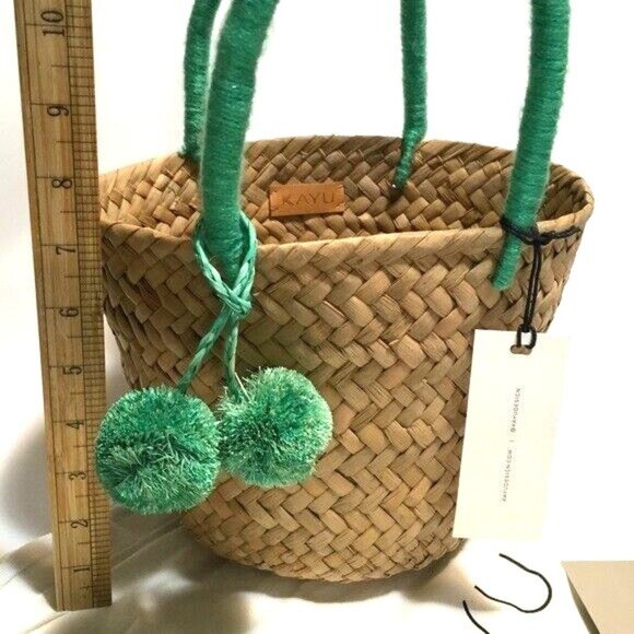 KAYU Mini St Tropez Straw Tote Bag Pom Pom Natural Sea foam Green Travel - Picture 1 of 14